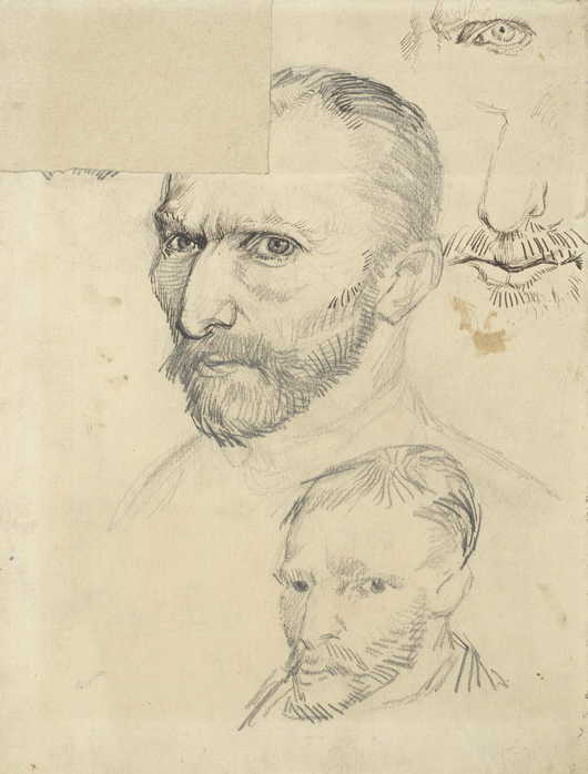 Vincent van Gogh (1853-1890), 'Self-portraits,' Paris 1887, pencil, pen and dark brown ink, on wove paper, to be shown at the special loan exhibition of Van Gogh drawings at the European Fine Art Fair in Maastricht from March 15-24. Image courtesy van Gogh Museum, Amsterdam; Vincent van Gogh Foundation. 